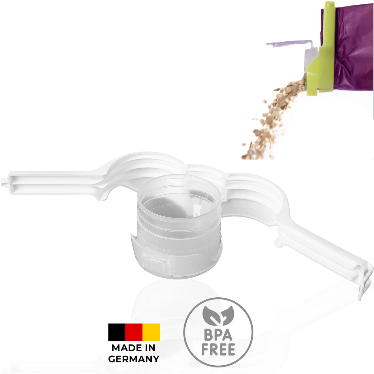 sweeter Schüttklemme mit Ausgießer & Klappdeckel – Beutelclip für Mehl & Zucker