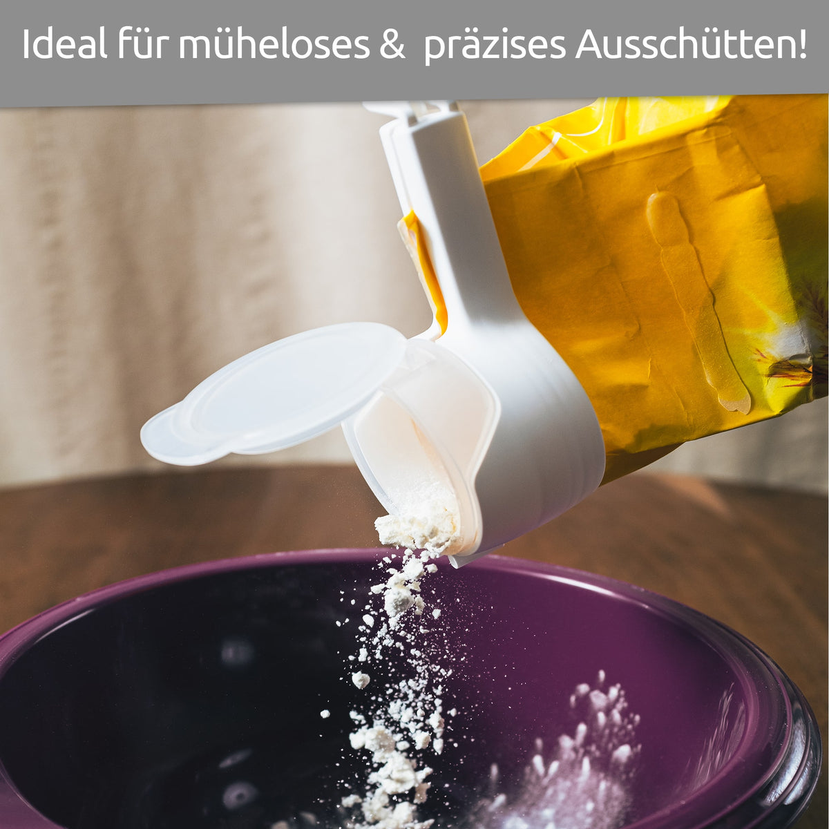 sweeter Schüttklemme mit Ausgießer & Klappdeckel – Beutelclip für Mehl & Zucker