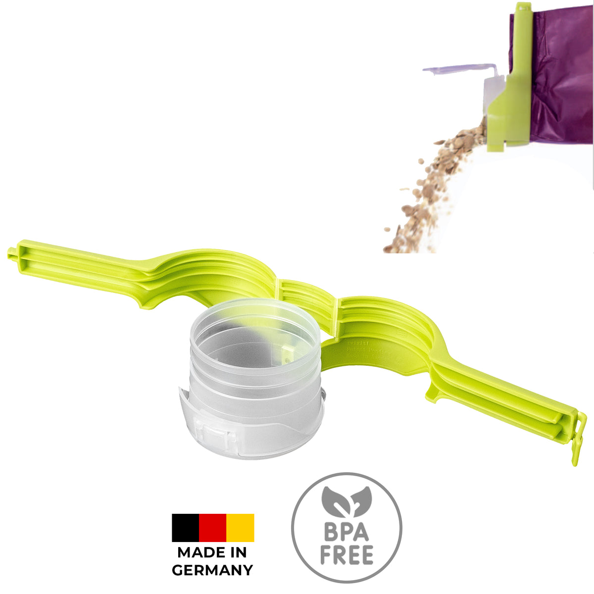 sweeter Schüttklemme mit Ausgießer & Klappdeckel – Beutelclip für Mehl & Zucker