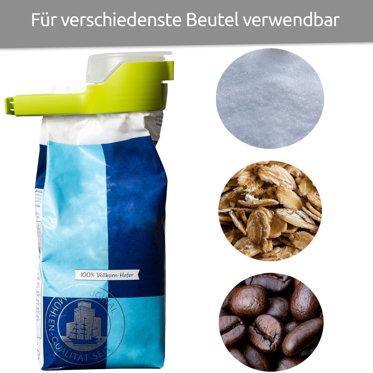 sweeter Schüttklemme mit Ausgießer & Klappdeckel – Beutelclip für Mehl & Zucker