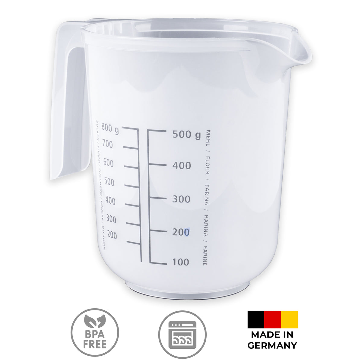sweeter Messkanne 1 l mit Rutschgummi – Messbecher mit Skalen für Mehl & Zucker