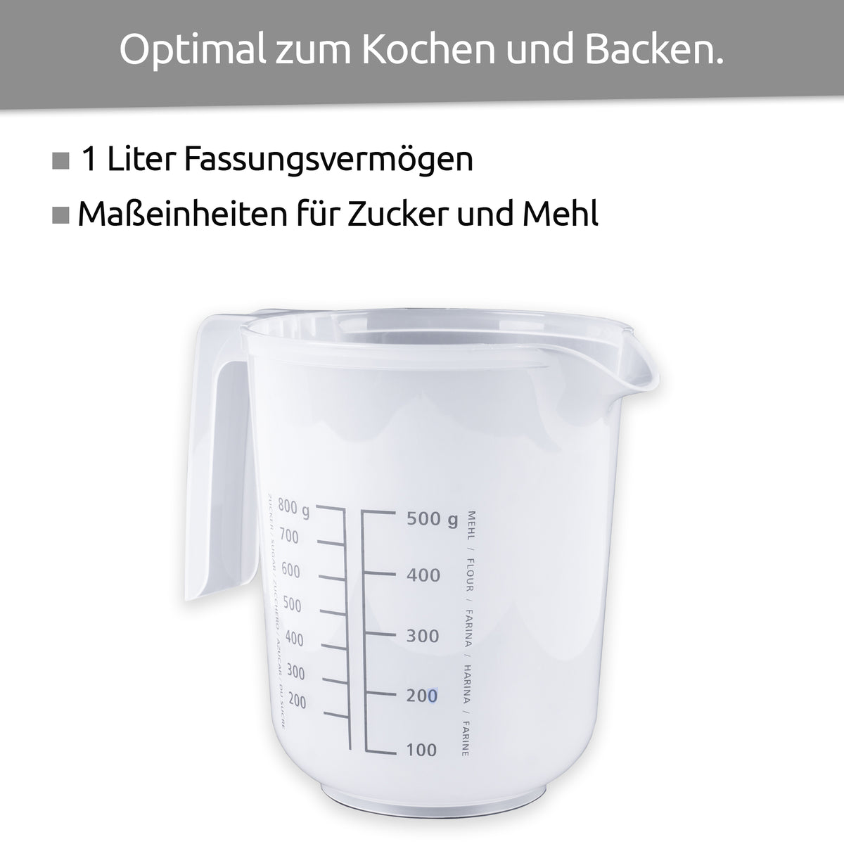sweeter Messkanne 1 l mit Rutschgummi – Messbecher mit Skalen für Mehl & Zucker